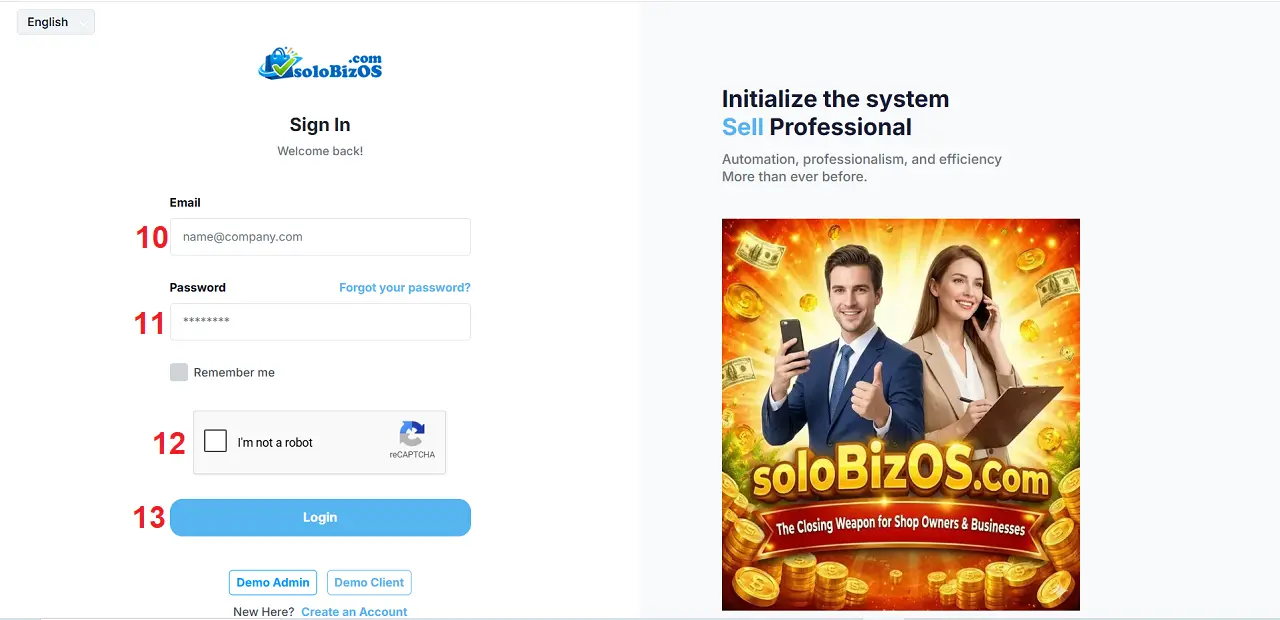 The login interface of soloBizOS.Com