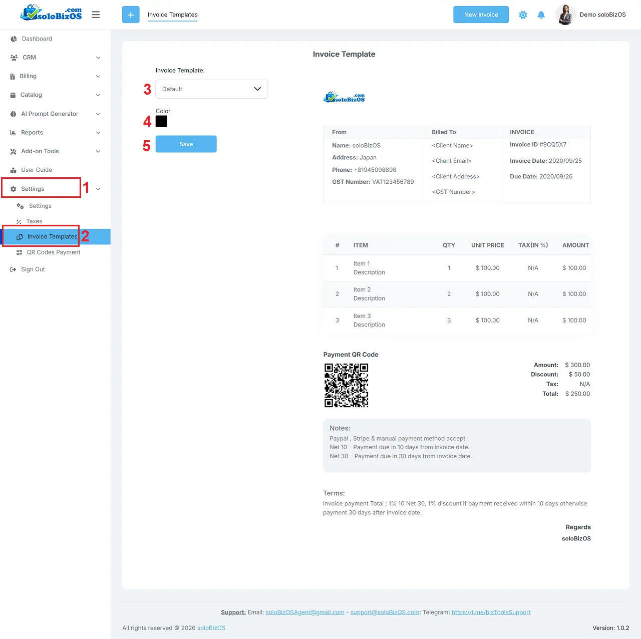 Invoice Templates Settings