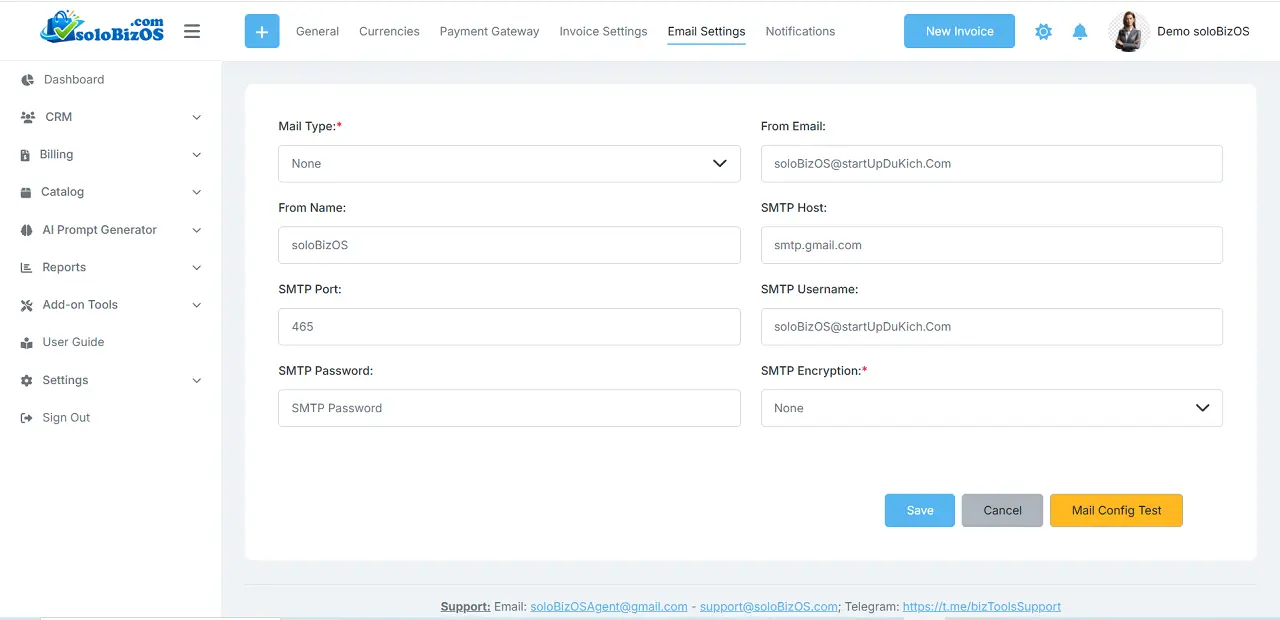 email settings for your business in soloBizOS.Com