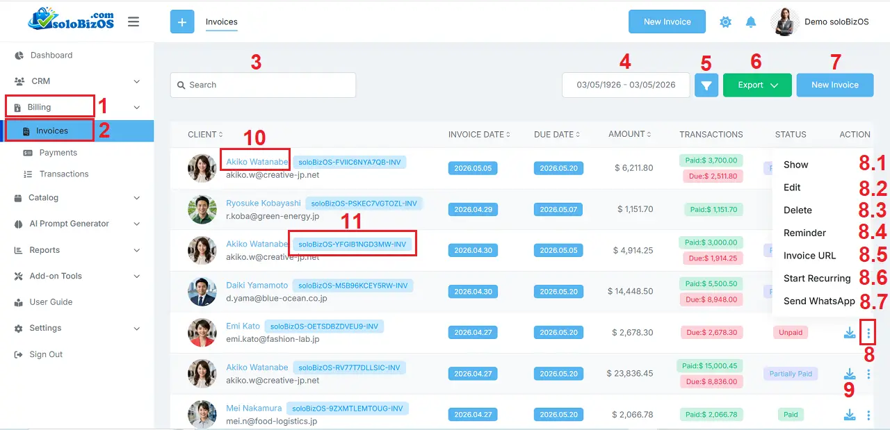List of Invoices in soloBizOS.Com